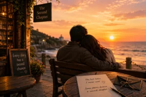 Emotional romantic couple reunited after years of separation by the sea