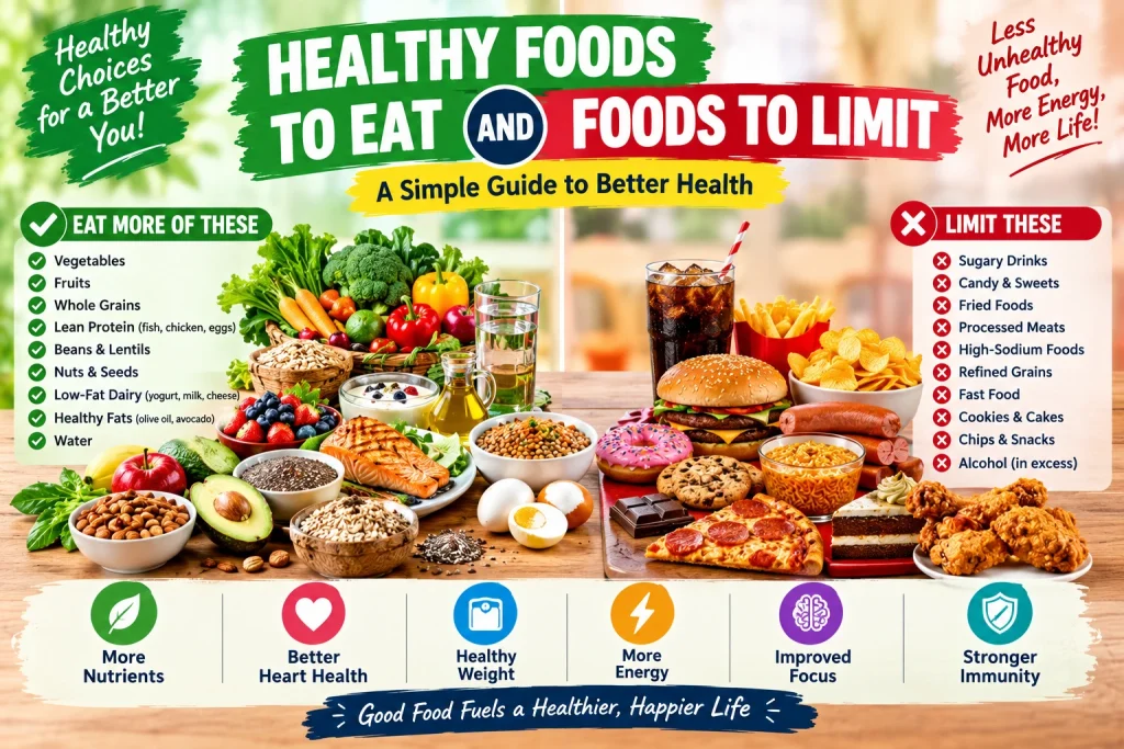 Healthy and unhealthy foods comparison with fruits vegetables fish rice and processed foods