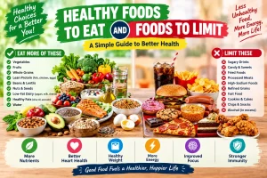 Healthy and unhealthy foods comparison with fruits vegetables fish rice and processed foods