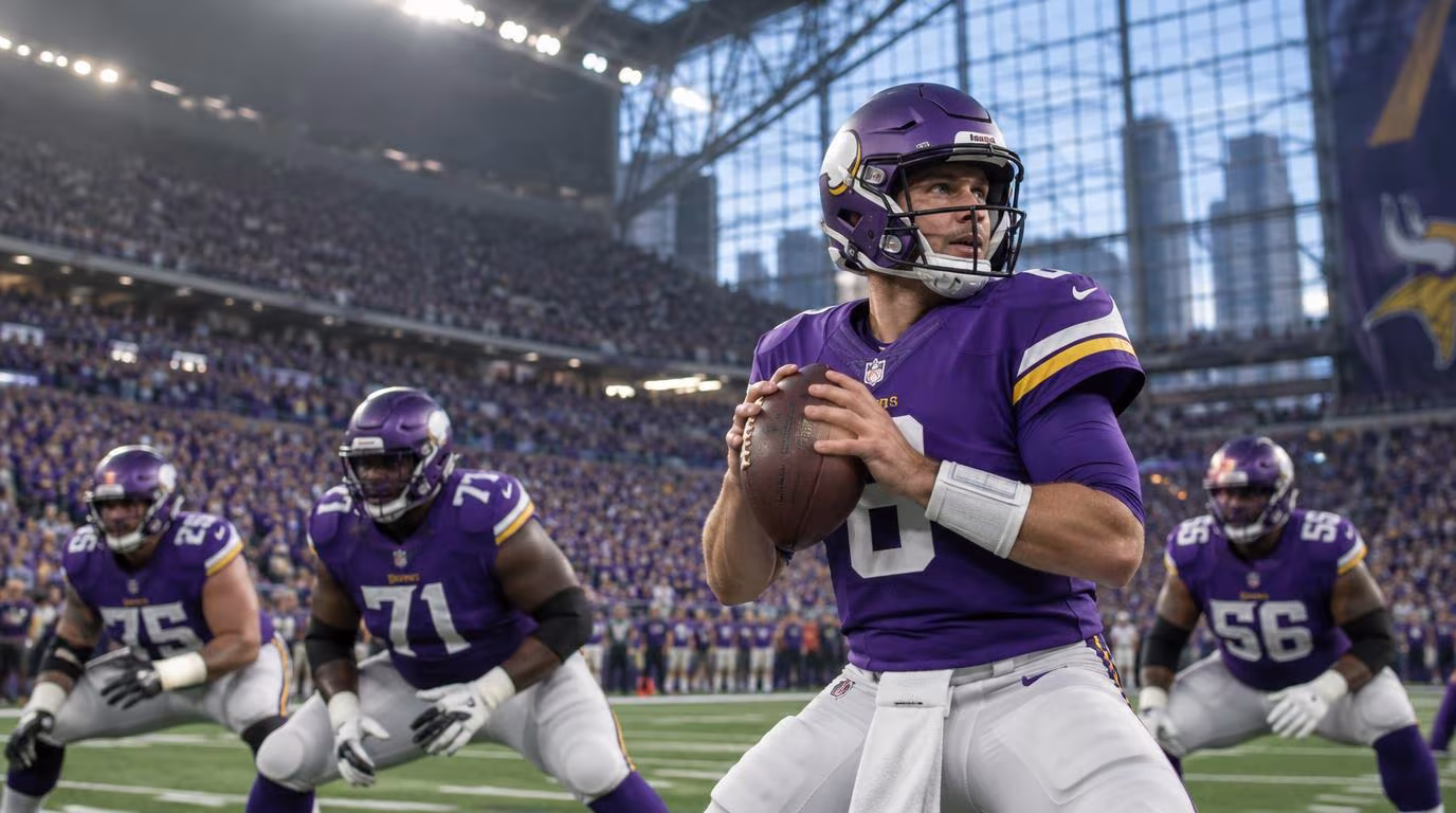 Minnesota Vikings players preparing for an NFL game at U.S. Bank Stadium