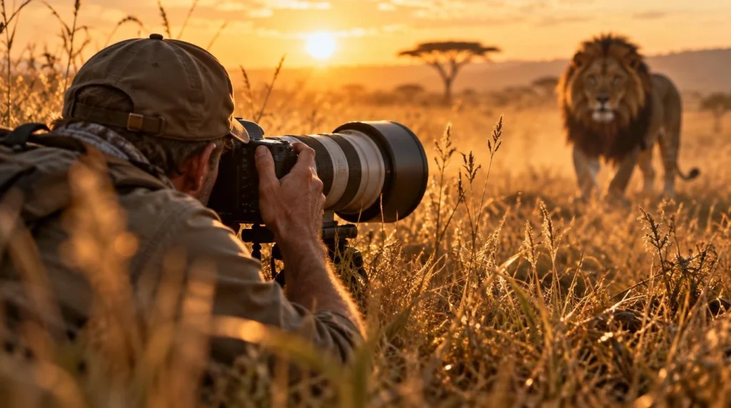Professional wildlife photographer taking pictures of animals in the wild
